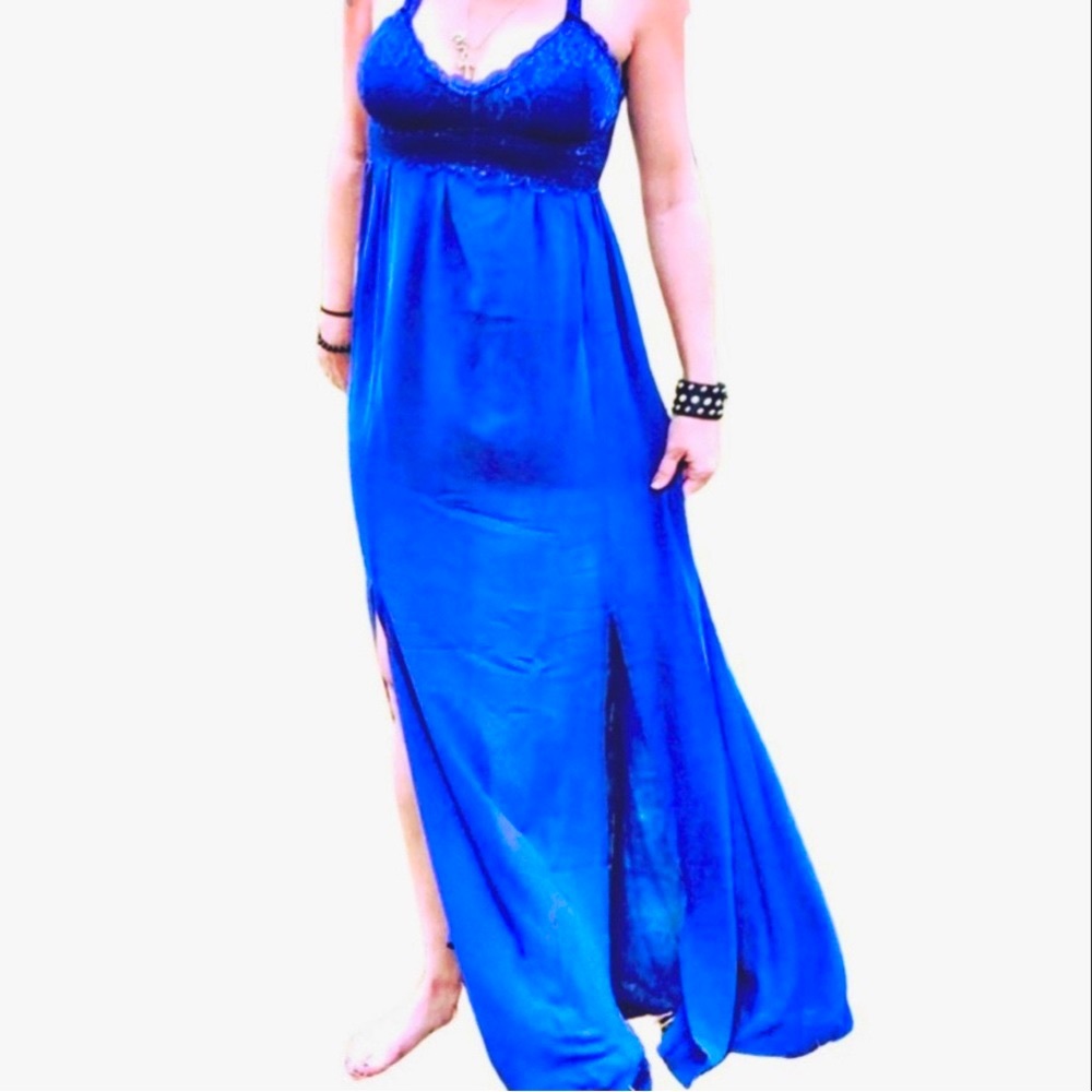 Royal Cobalt Blue Lace Chiffon Double Slit Maxi Dress - Picture 10 of 10